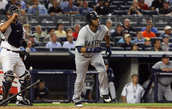 Griffey watches his home run sail out of the new Yankee Stadium on July 1
